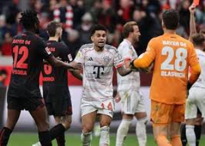 Luis Diaz scored and was sent off for a dive as Bayern Munich finished with nine men but held on for a draw against Bayer Leverkusen at BayArena.