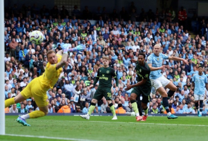 Erling Haaland scored twice to take his Premier League tally to nine as Manchester City recovered from conceding after just 23 seconds to maintain their 100% record with victory over Brentford.